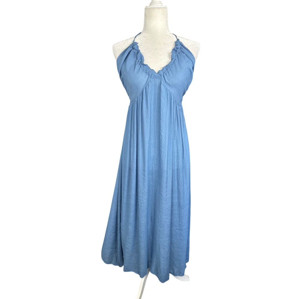 Cupshe Ruffle Halter Maxi Dress Womens Size M Blue Boho Summer Beach Vacation - Picture 2 of 10